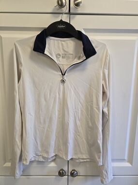 Marie Birdie "Slay It" Quarter-Zip Long Sleeve Golf Shirt - White/Navy - Size S